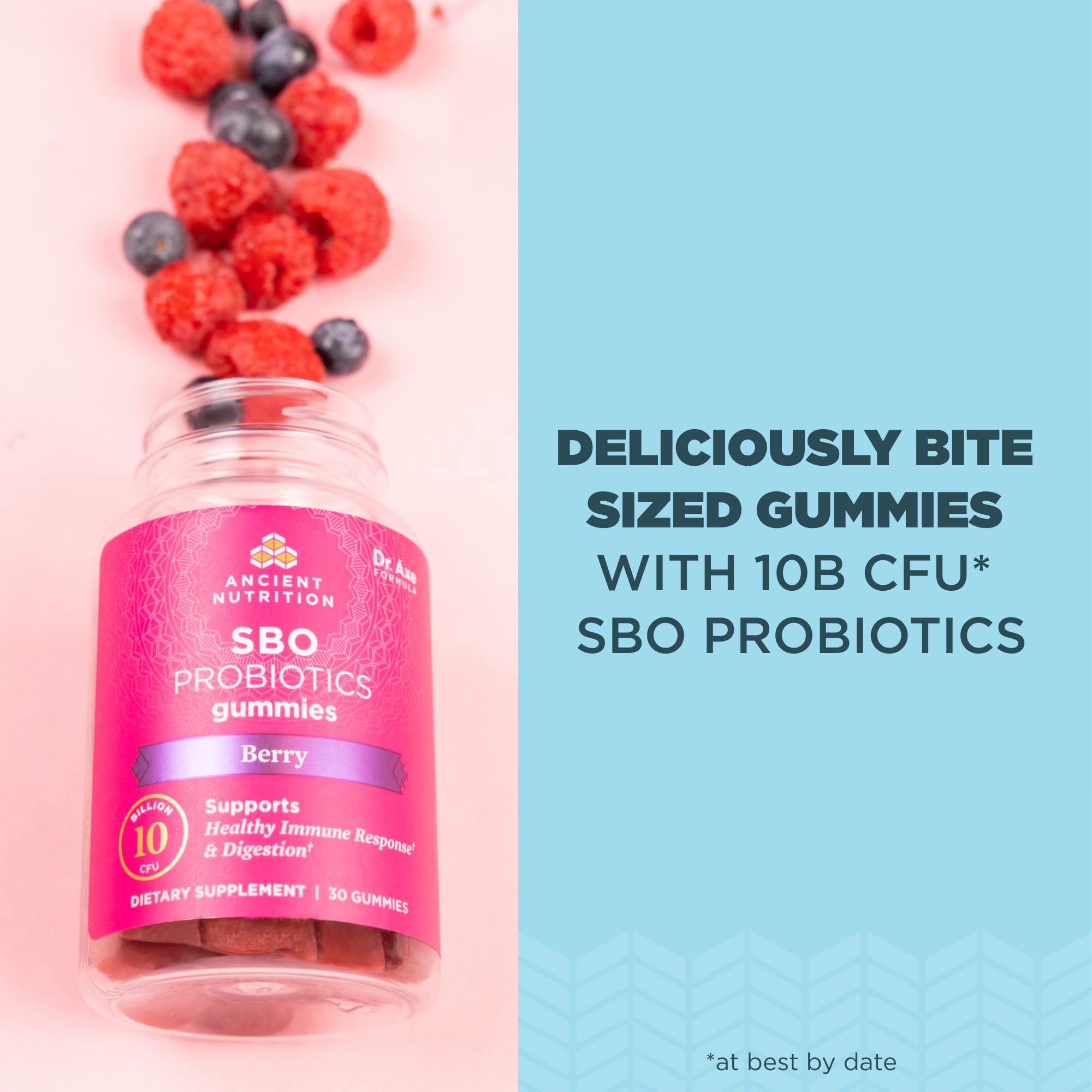 Close-up of Ancient Nutrition Berry Gummies texture and berry flavor.