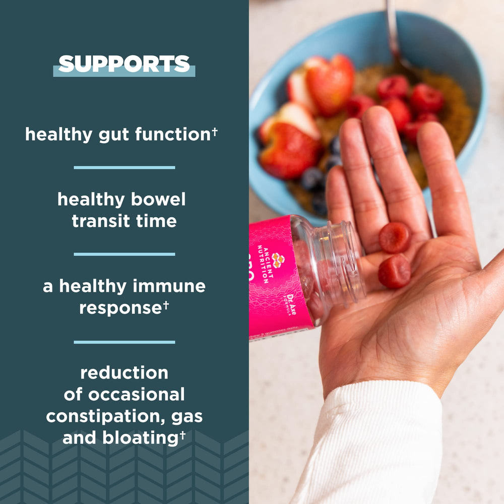 Ancient Nutrition Berry Gummies being taken for daily digestion support.