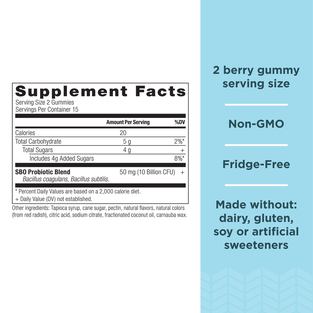 Ancient Nutrition SBO Probiotics Berry Gummies label detail for clarity and ingredients.