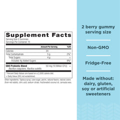 Ancient Nutrition SBO Probiotics Berry Gummies label detail for clarity and ingredients.