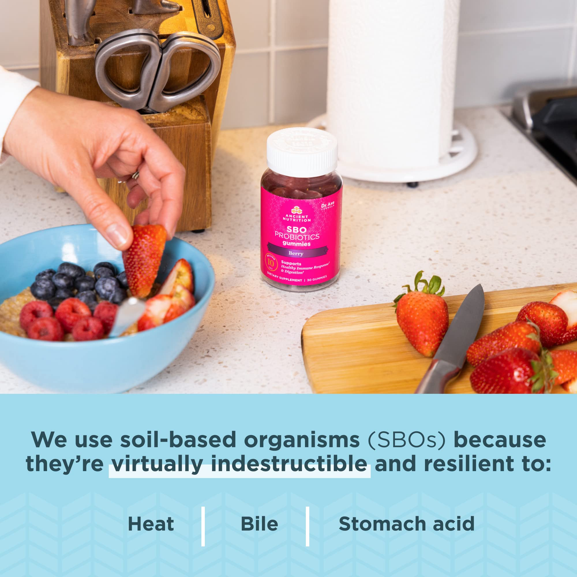 Ancient Nutrition Berry Gummies on shelf highlighting shelf-stable probiotic claim.