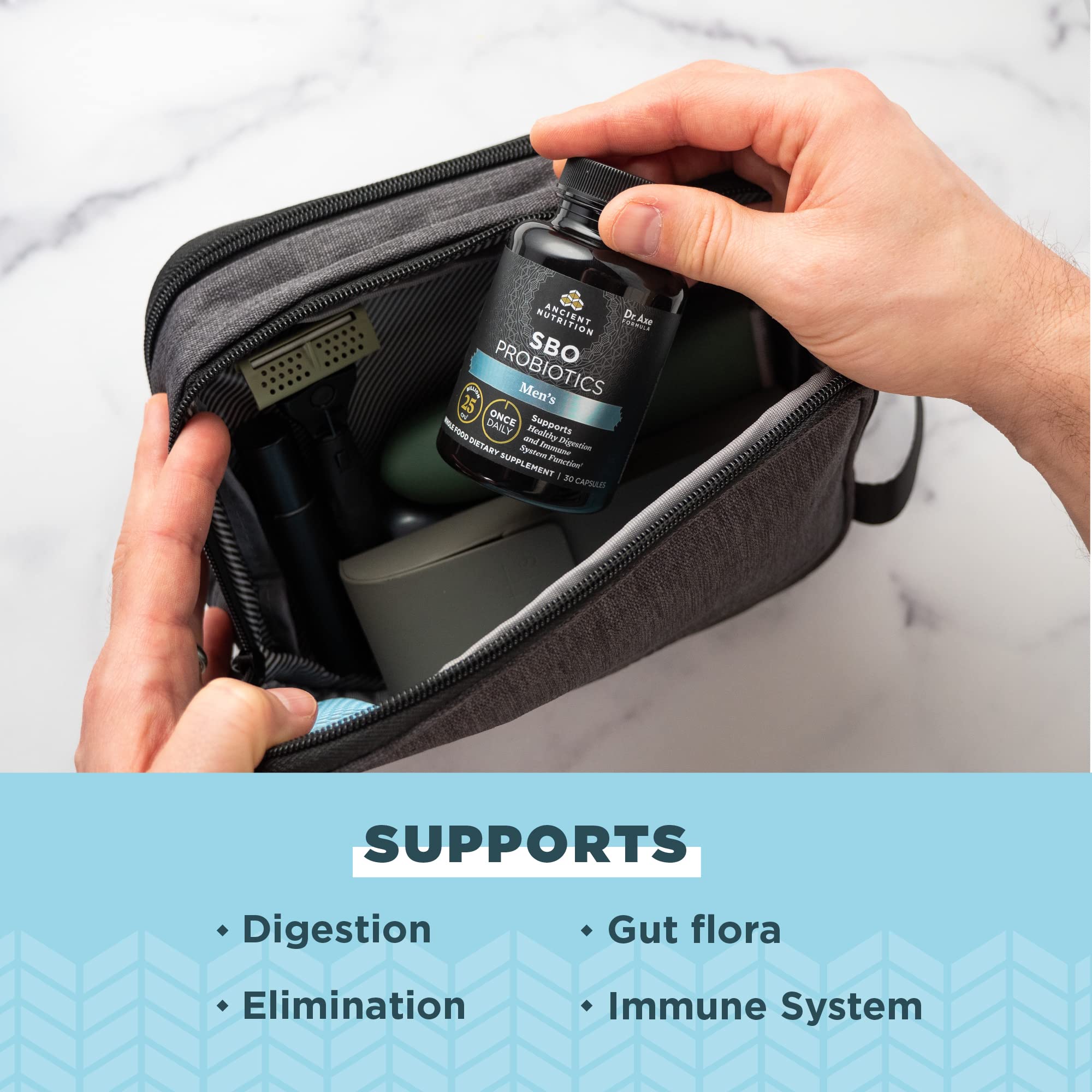 Ancient Nutrition SBO Probiotics Men label shows organic fermented botanicals for everyday support