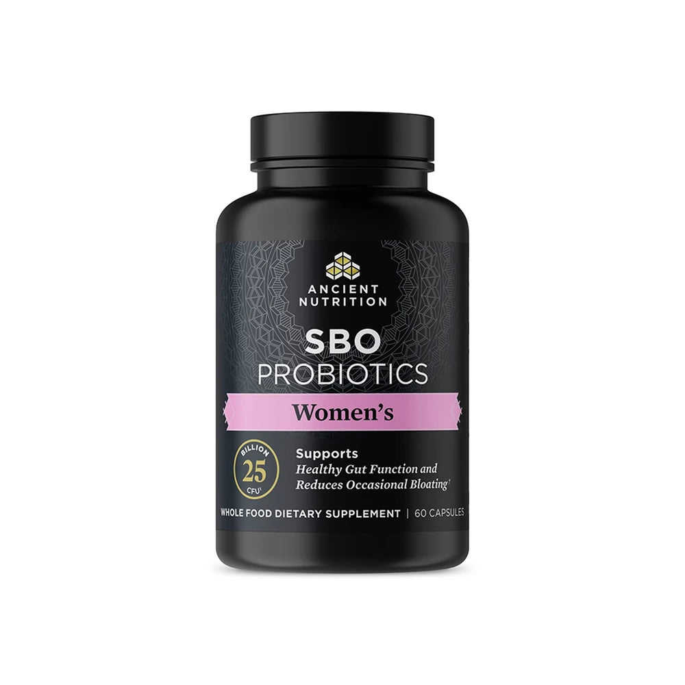 Ancient Nutrition SBO Probiotics Women bottle front with gluten-free, gut-friendly formula.