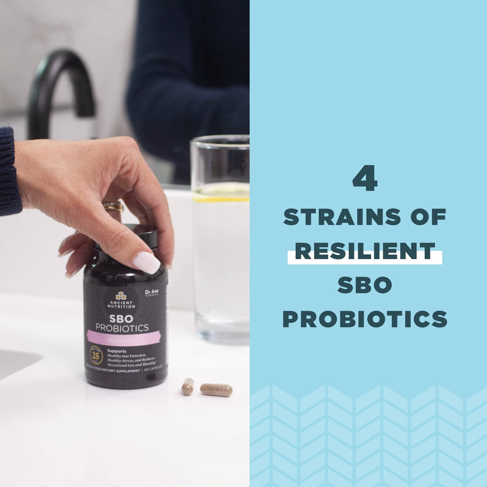 Ancient Nutrition SBO Probiotics Women gluten-free seal signals allergen-friendly option.