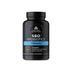 Ancient Nutrition SBO Ultimate bottle showing 50B CFUs and digestive support