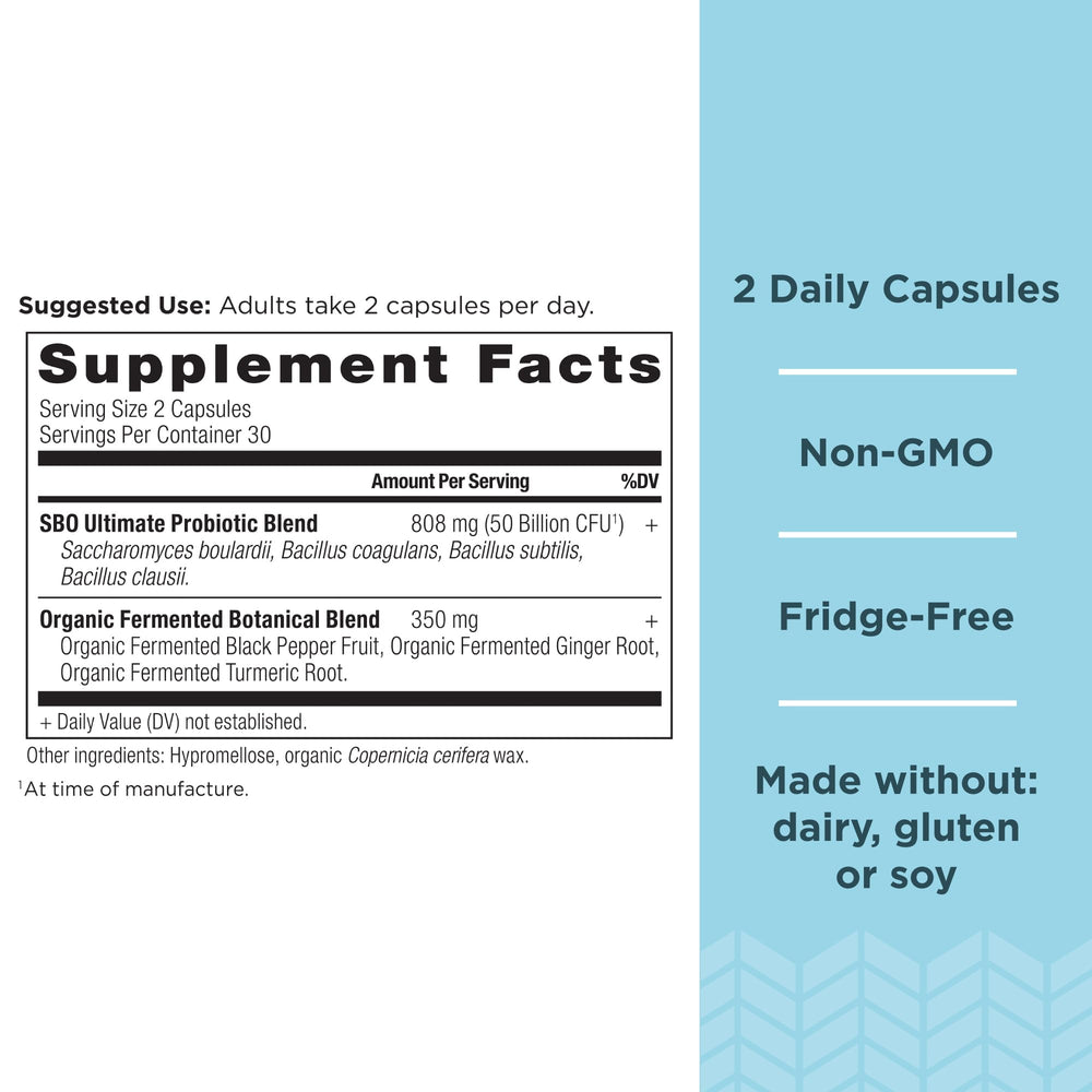 Ancient Nutrition SBO Ultimate capsules arranged for daily probiotic routine