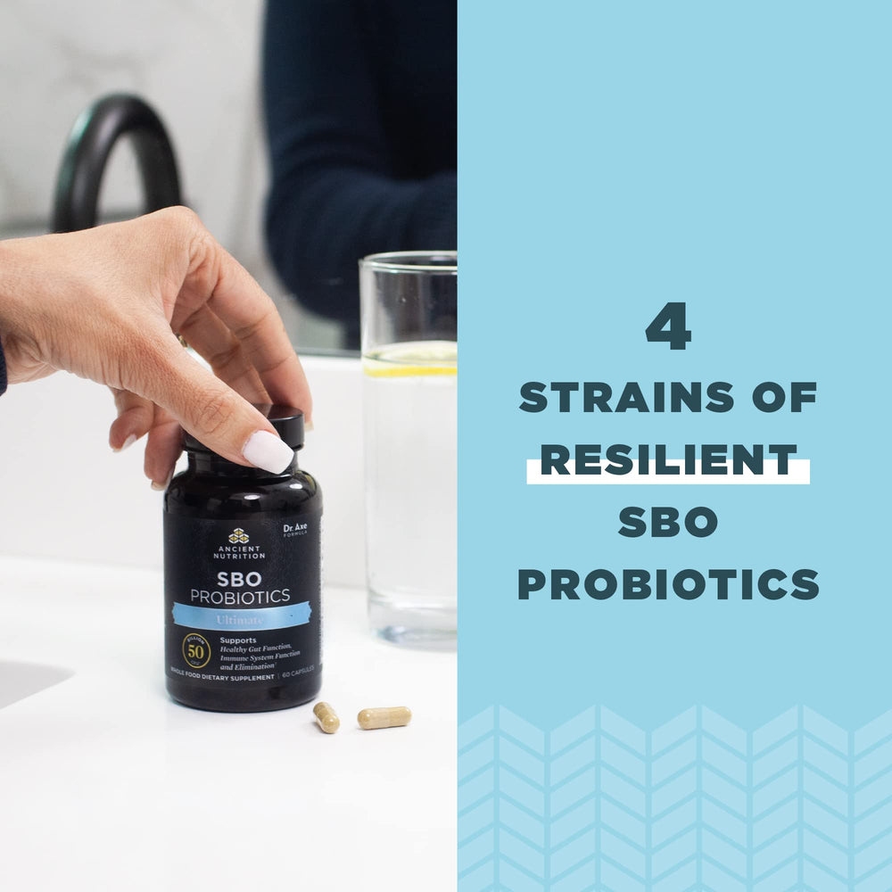 Ancient Nutrition SBO Ultimate capsules beside glass of water for daily digestive support