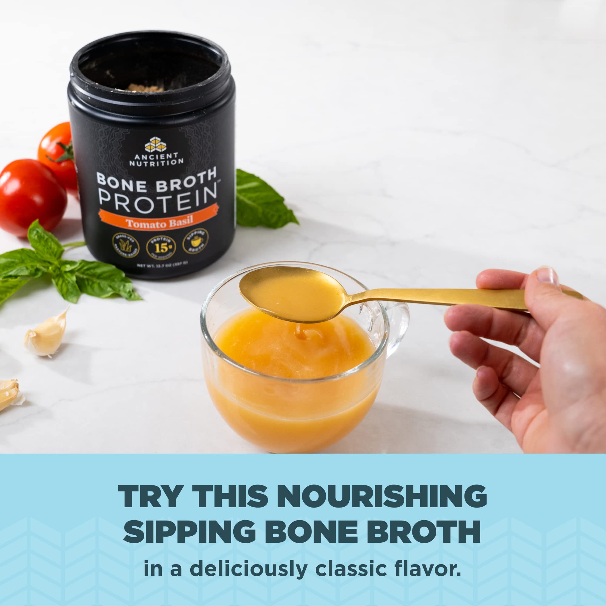 Ancient Nutrition scoop in hot water illustrating quick savory hydration and warmth