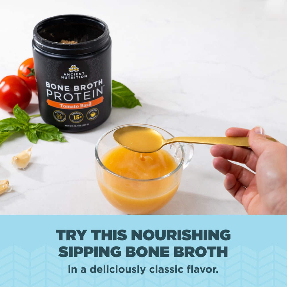 Ancient Nutrition scoop in hot water illustrating quick savory hydration and warmth