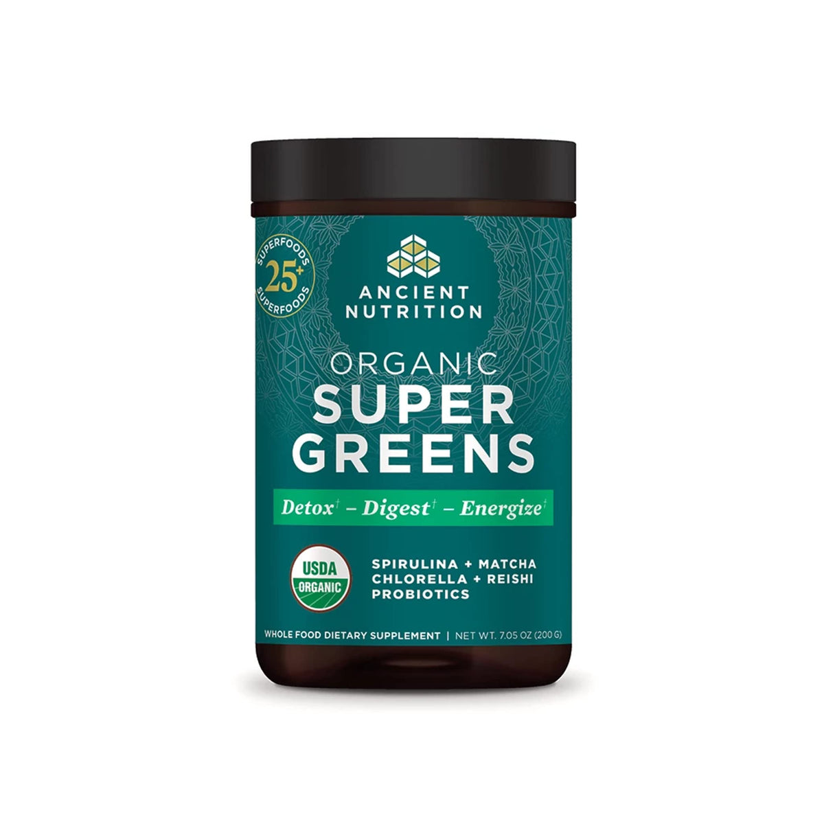 Ancient Nutrition Super Greens bottle front showcases a convenient daily energy boost