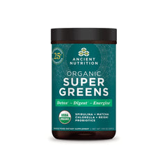 Ancient Nutrition Super Greens bottle front showcases a convenient daily energy boost
