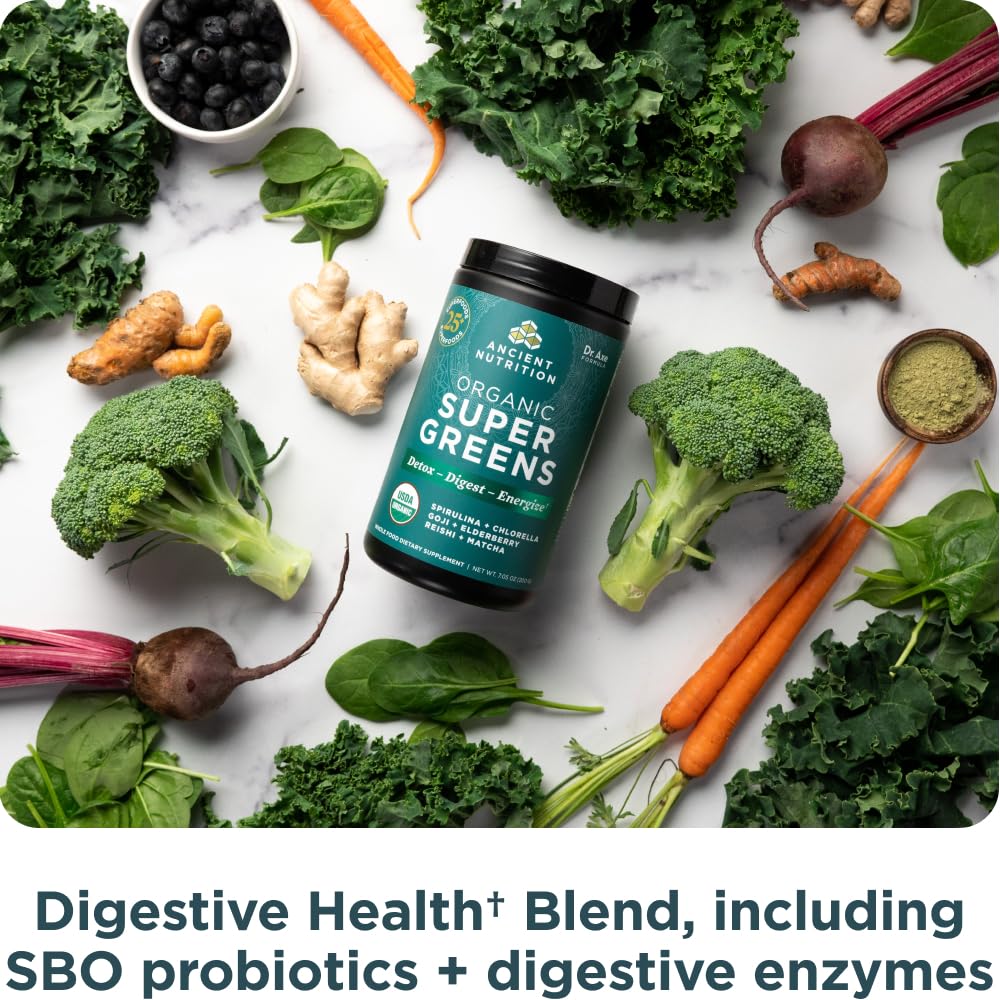 Ancient Nutrition Super Greens dissolving in water reveals vibrant color and texture