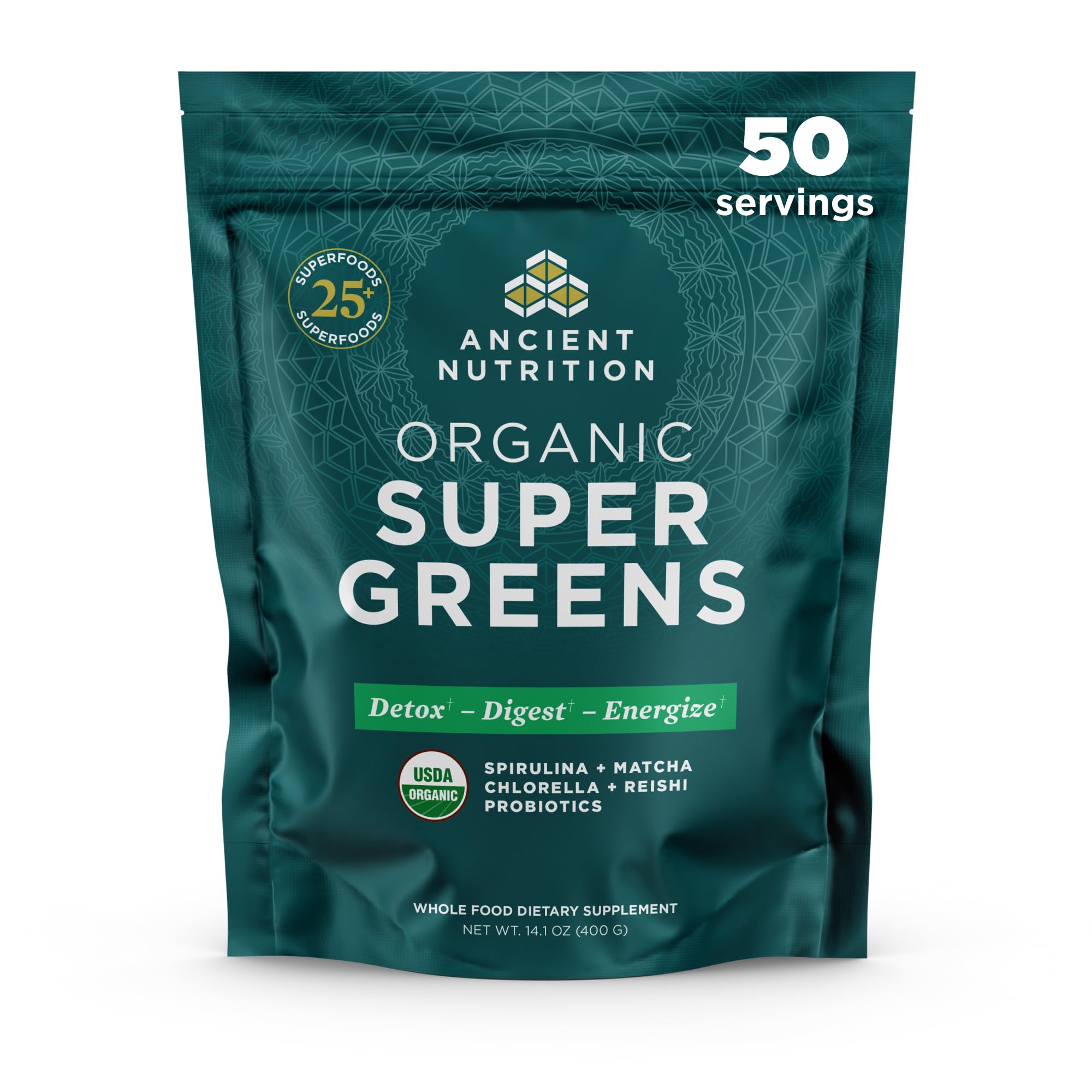 Ancient Nutrition Super Greens powder bottle on kitchen counter with probiotics