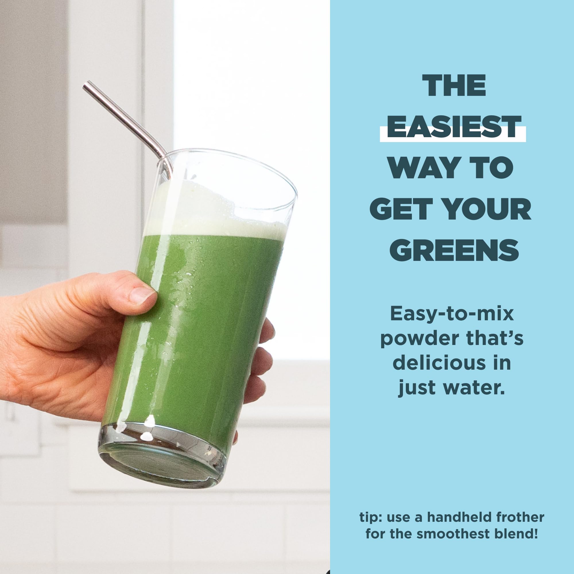 Ancient Nutrition Super Greens blend and enzymes in a glass on the table