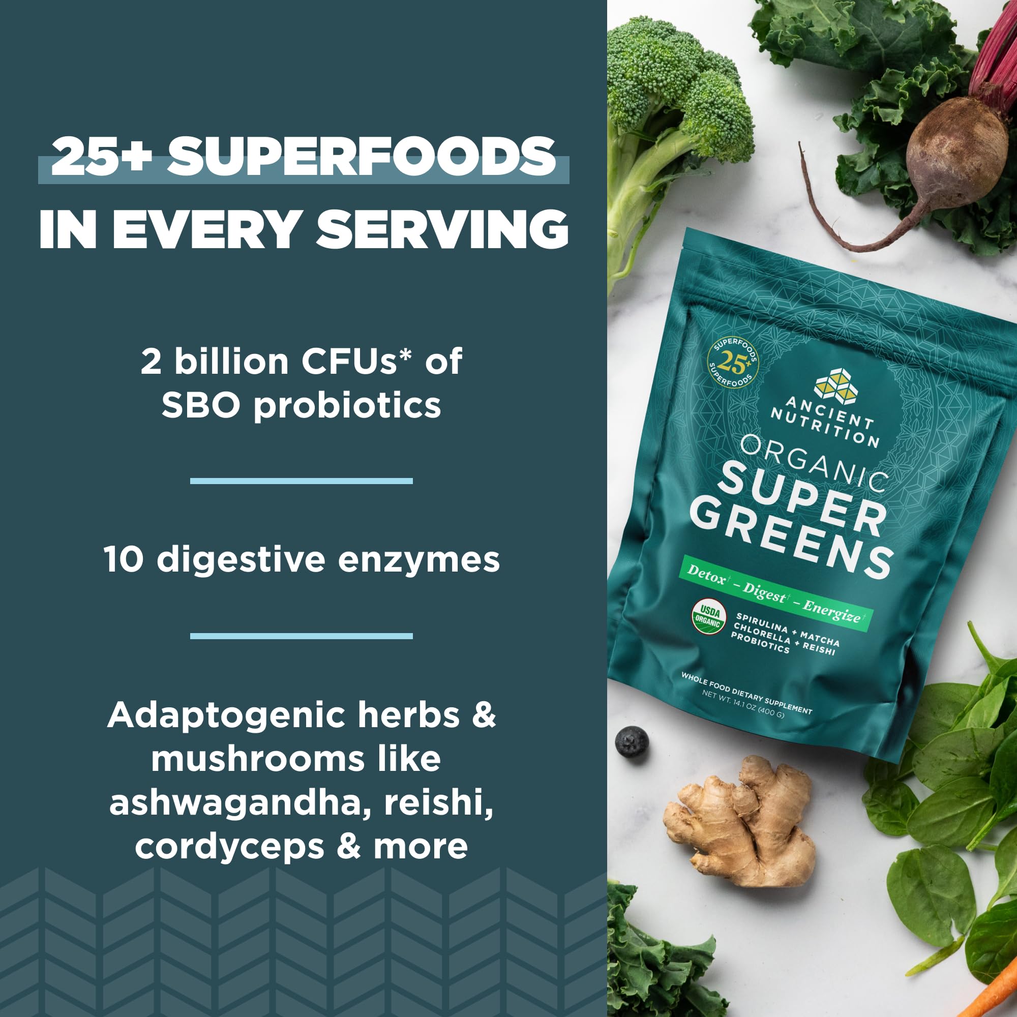 Ancient Nutrition Super Greens being whisked into a fruit-filled smoothie