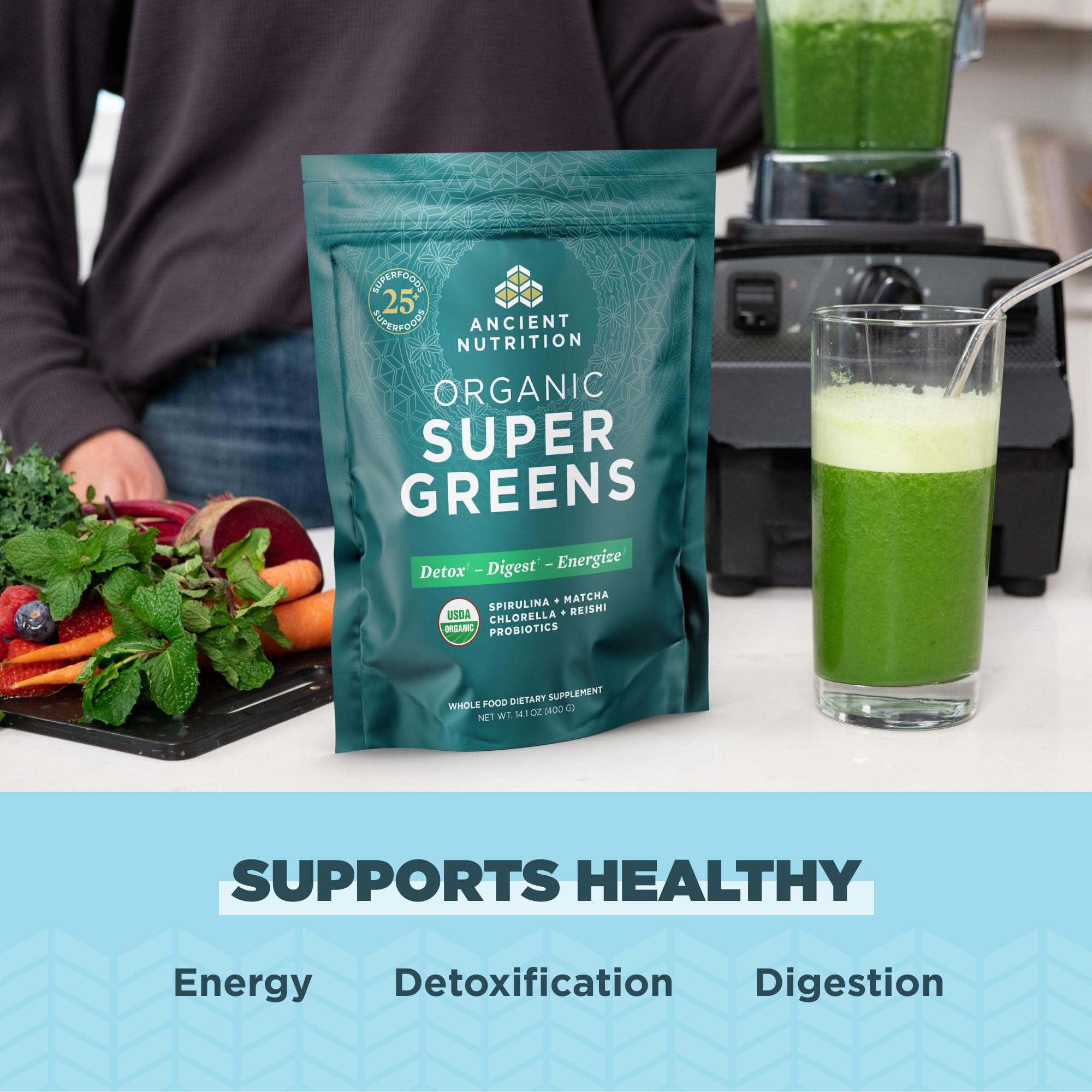 Ancient Nutrition Super Greens jar on kitchen counter ready for daily use