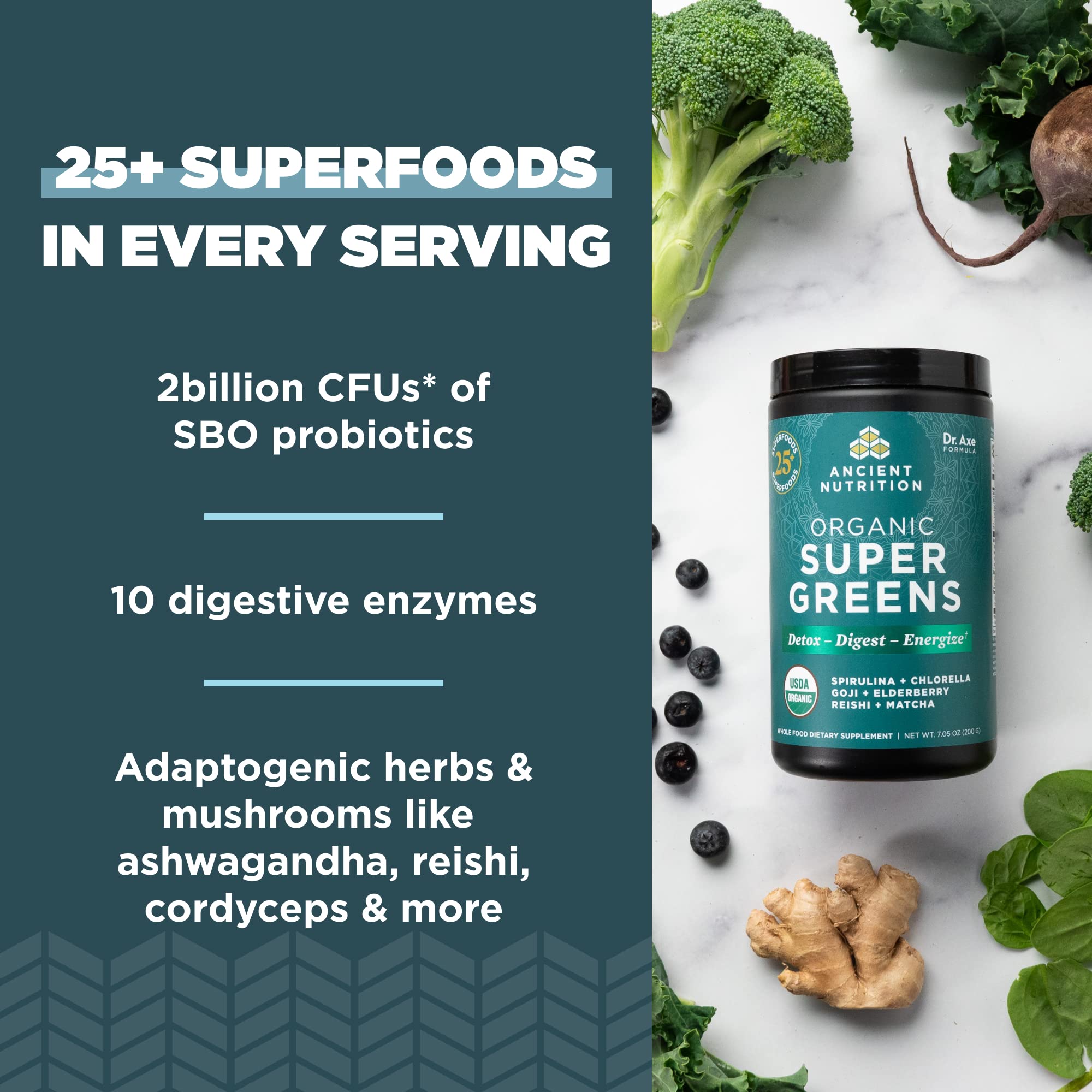 Ancient Nutrition Super Greens scoop image emphasizes easy serving for busy mornings