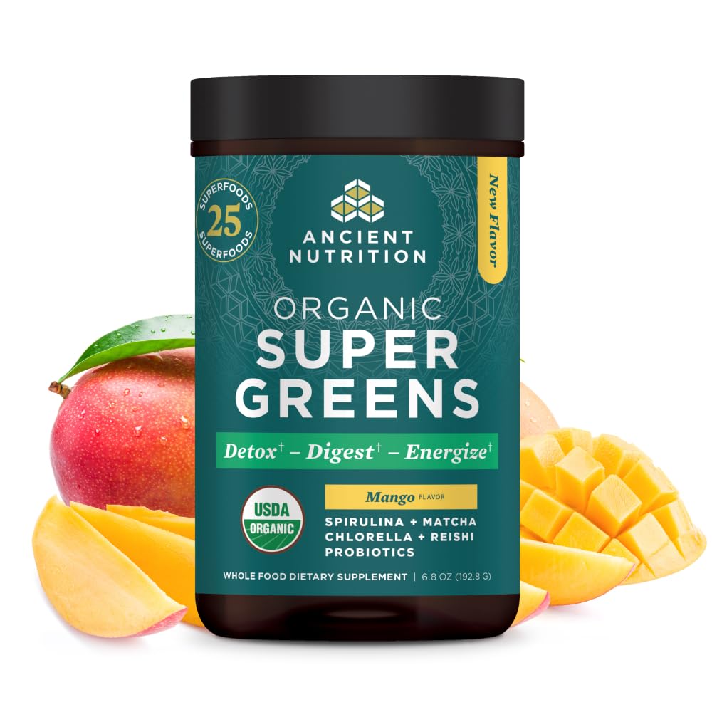 Ancient Nutrition SuperGreens bottle shows easy daily greens for energy and balance