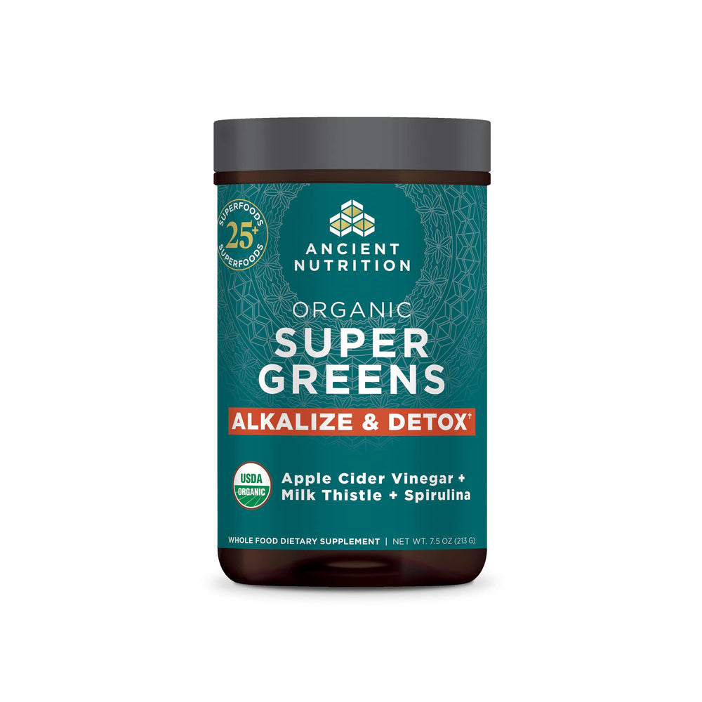 Ancient Nutrition Supergreens detox tub showing organic detox blend for daily energy support