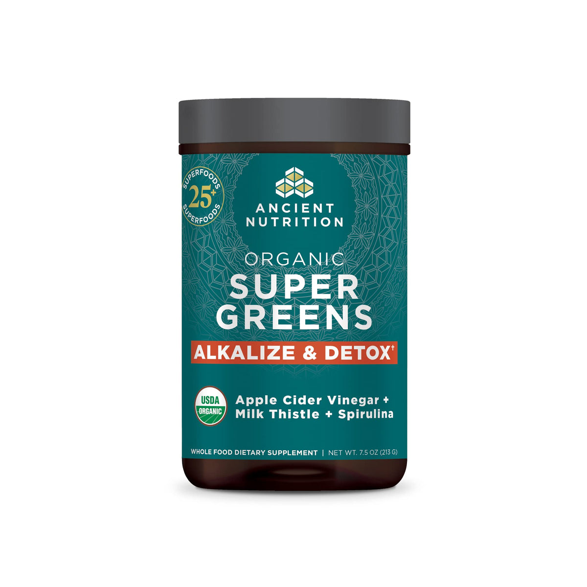 Ancient Nutrition Supergreens detox tub showing organic detox blend for daily energy support