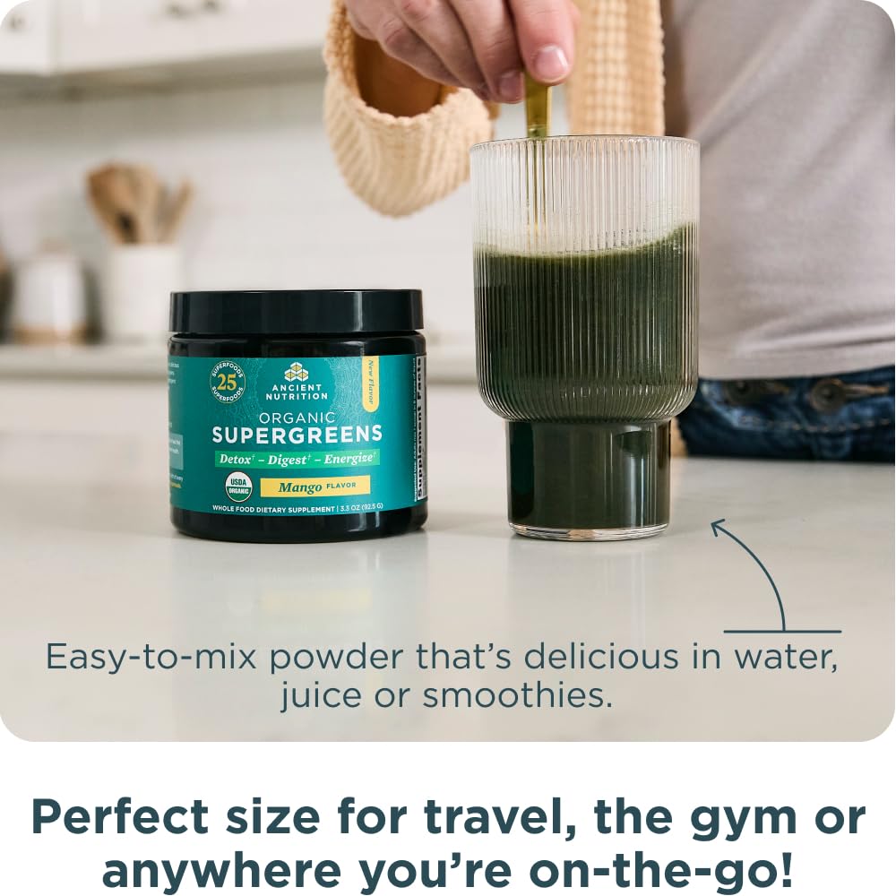 Ancient Nutrition SuperGreens digestive health blend emphasizes enzymes and fiber for digestion comfort.