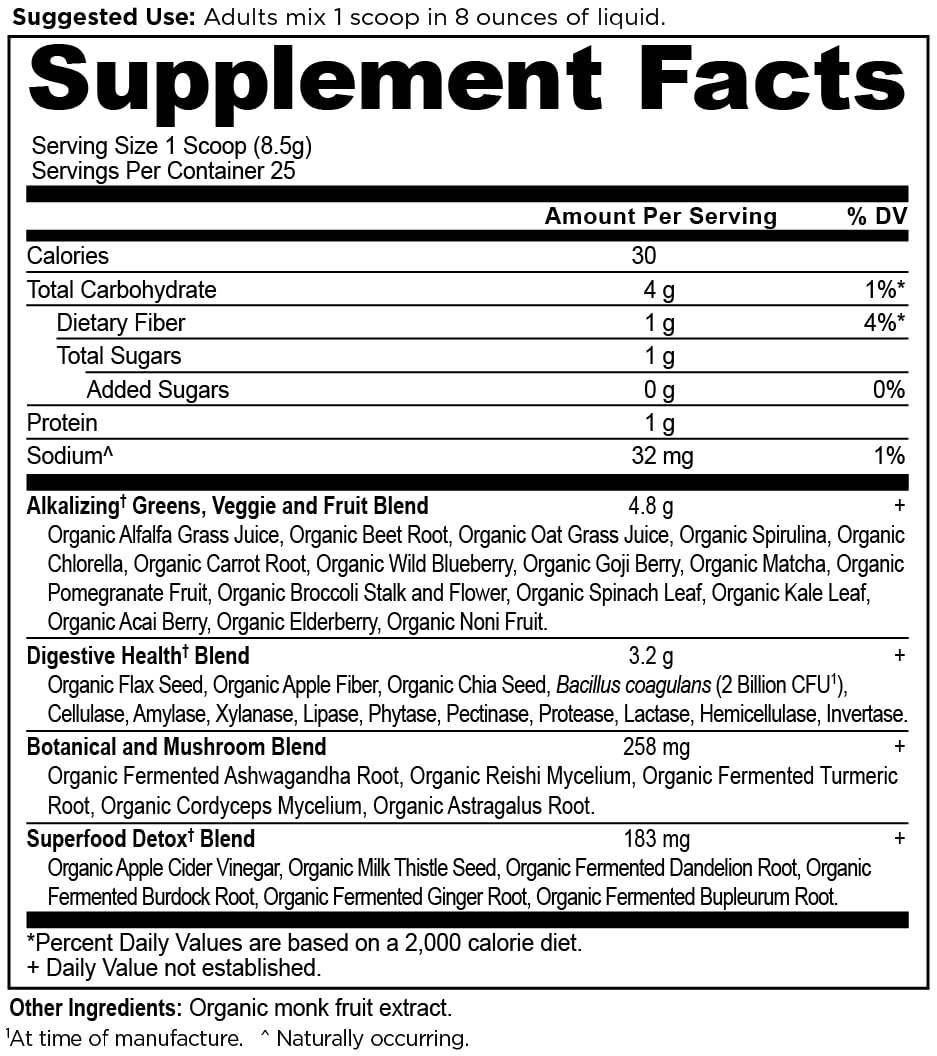 Ancient Nutrition Supergreens glass with dissolved powder demonstrating easy mixing and drinkable nutrition