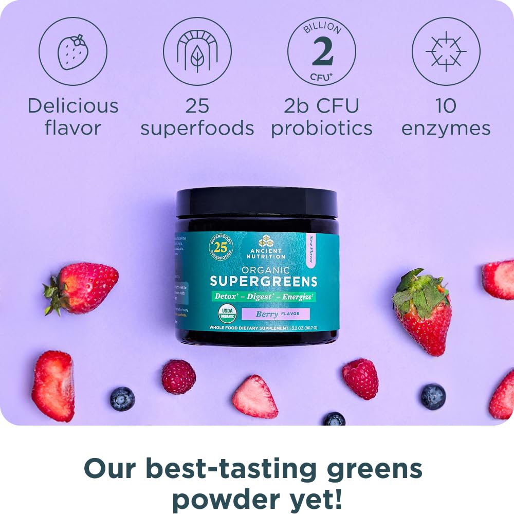 Ancient Nutrition SuperGreens dry powder blend close-up showing nutrient-rich mix.