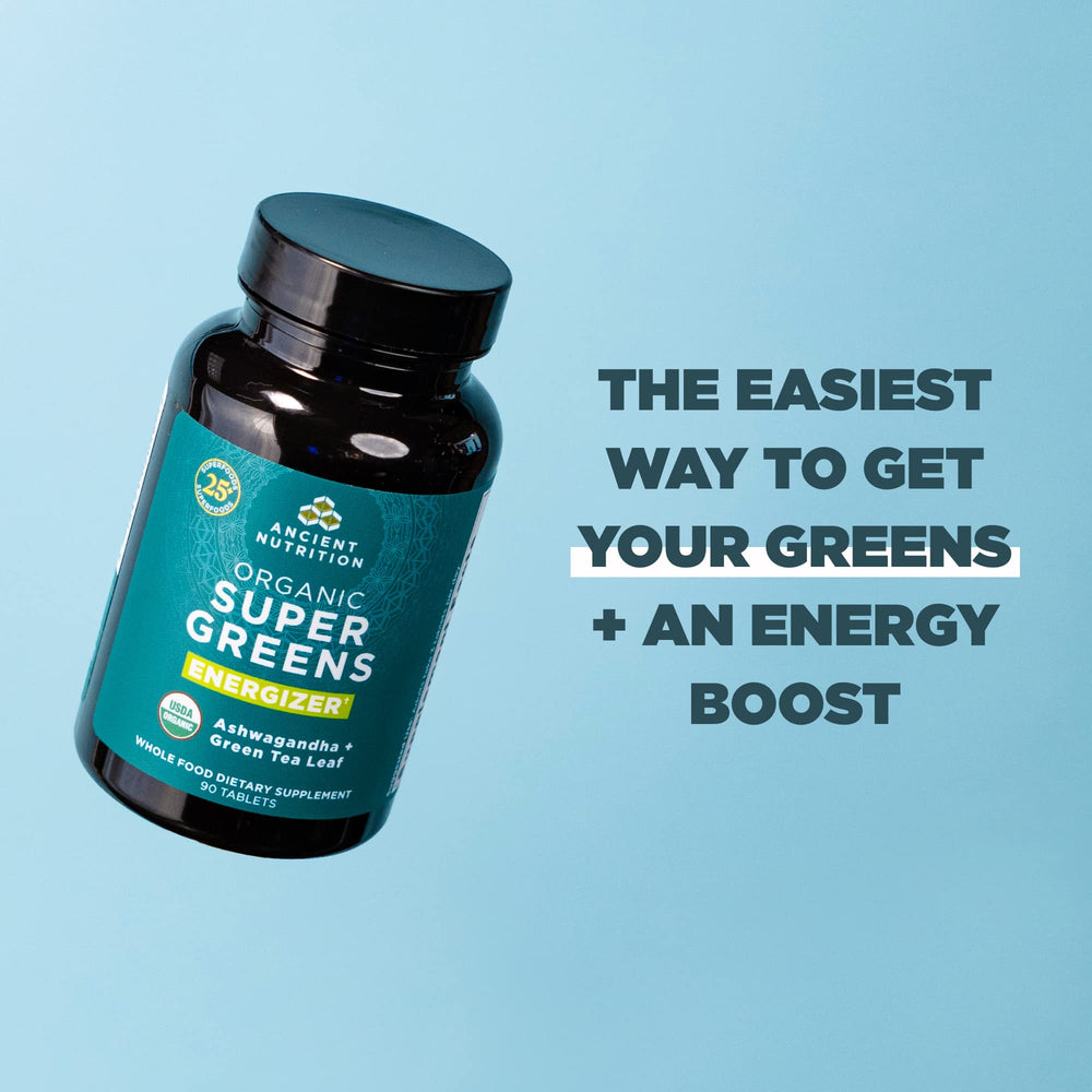 Ancient Nutrition Supergreens Energizer bottle in use during daily routine