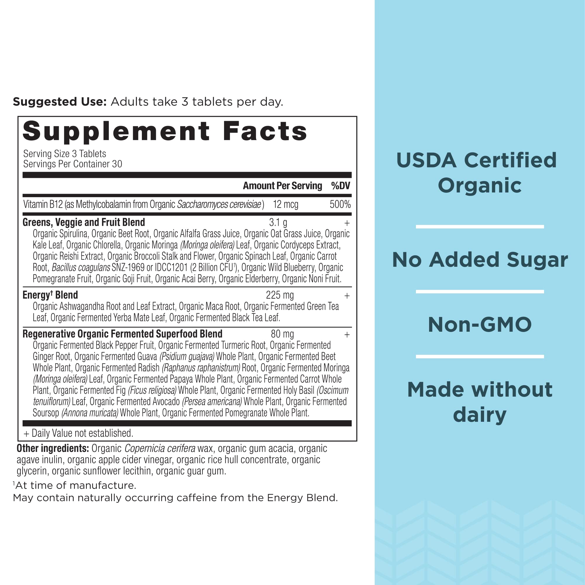 Ancient Nutrition Supergreens Energizer label close-up emphasizing organic ingredients