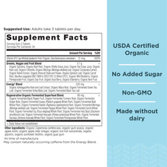 Ancient Nutrition Supergreens Energizer label close-up emphasizing organic ingredients