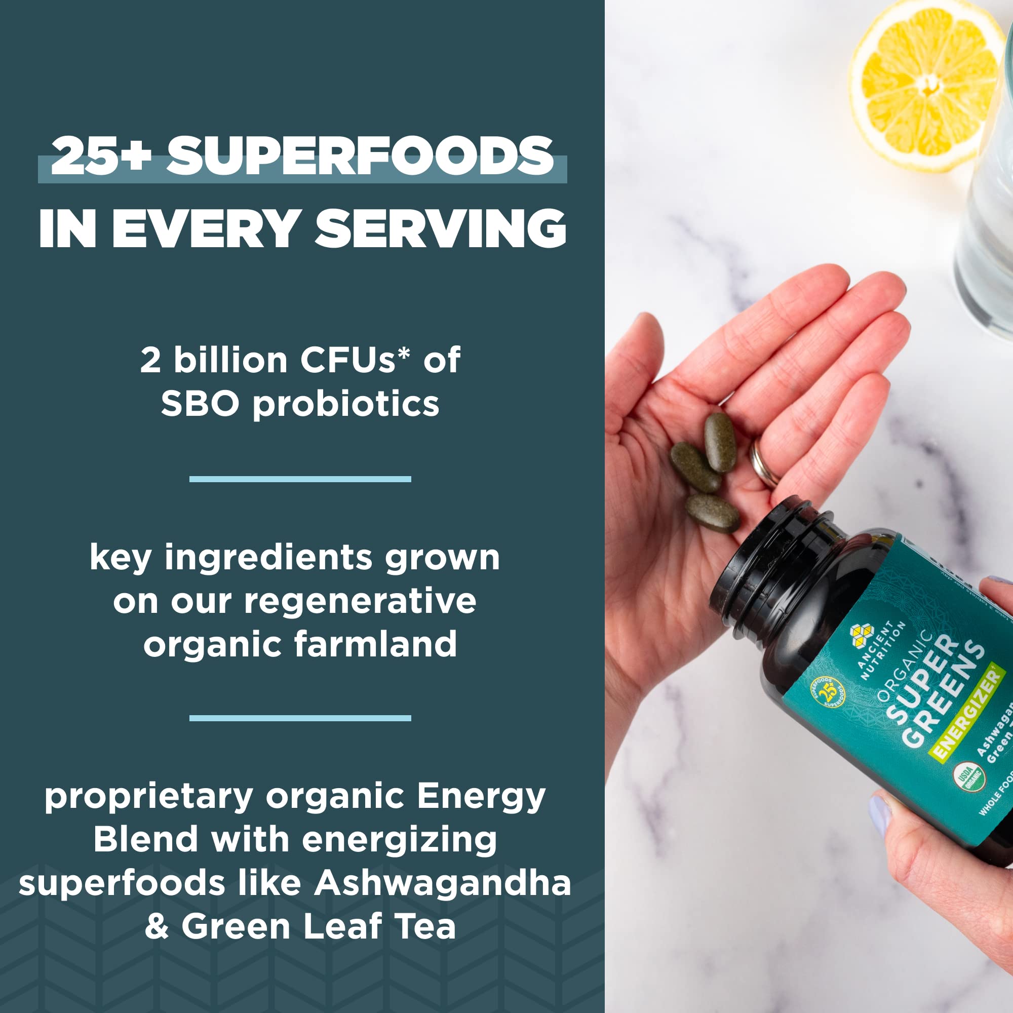 Ancient Nutrition Supergreens Energizer packaging highlighting organic ingredients graphic
