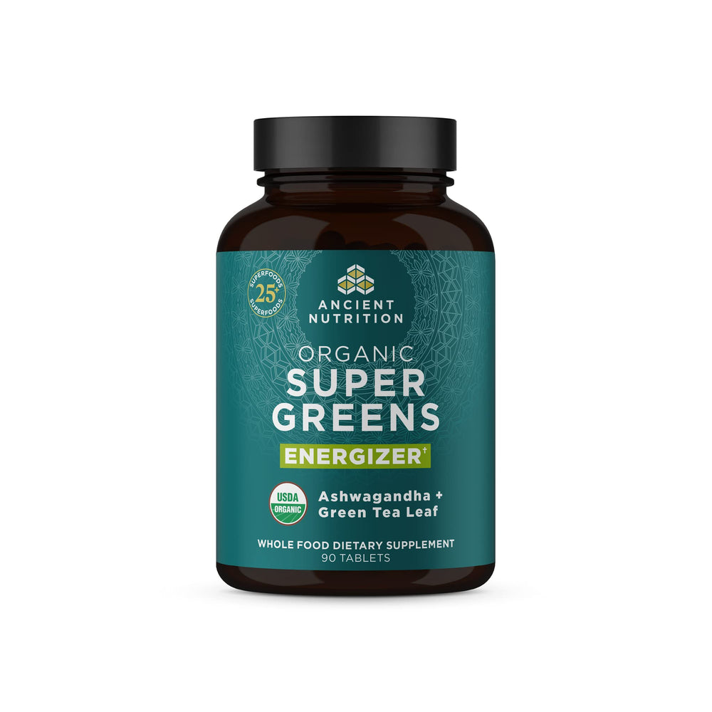 Ancient Nutrition Supergreens Energizer bottle front view with caffeine-enhanced tablets for daily energy