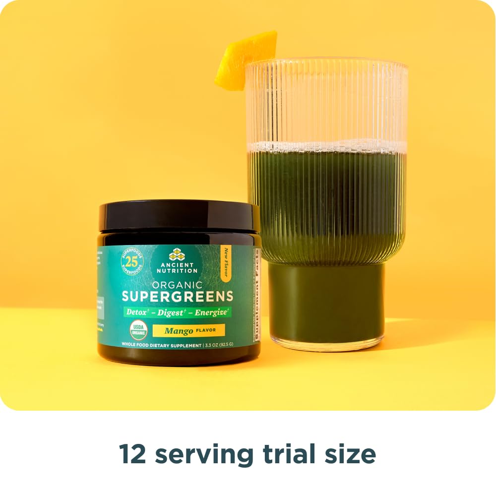 Ancient Nutrition SuperGreens energy boost image suggests beetroot and adaptogens for alert moments.