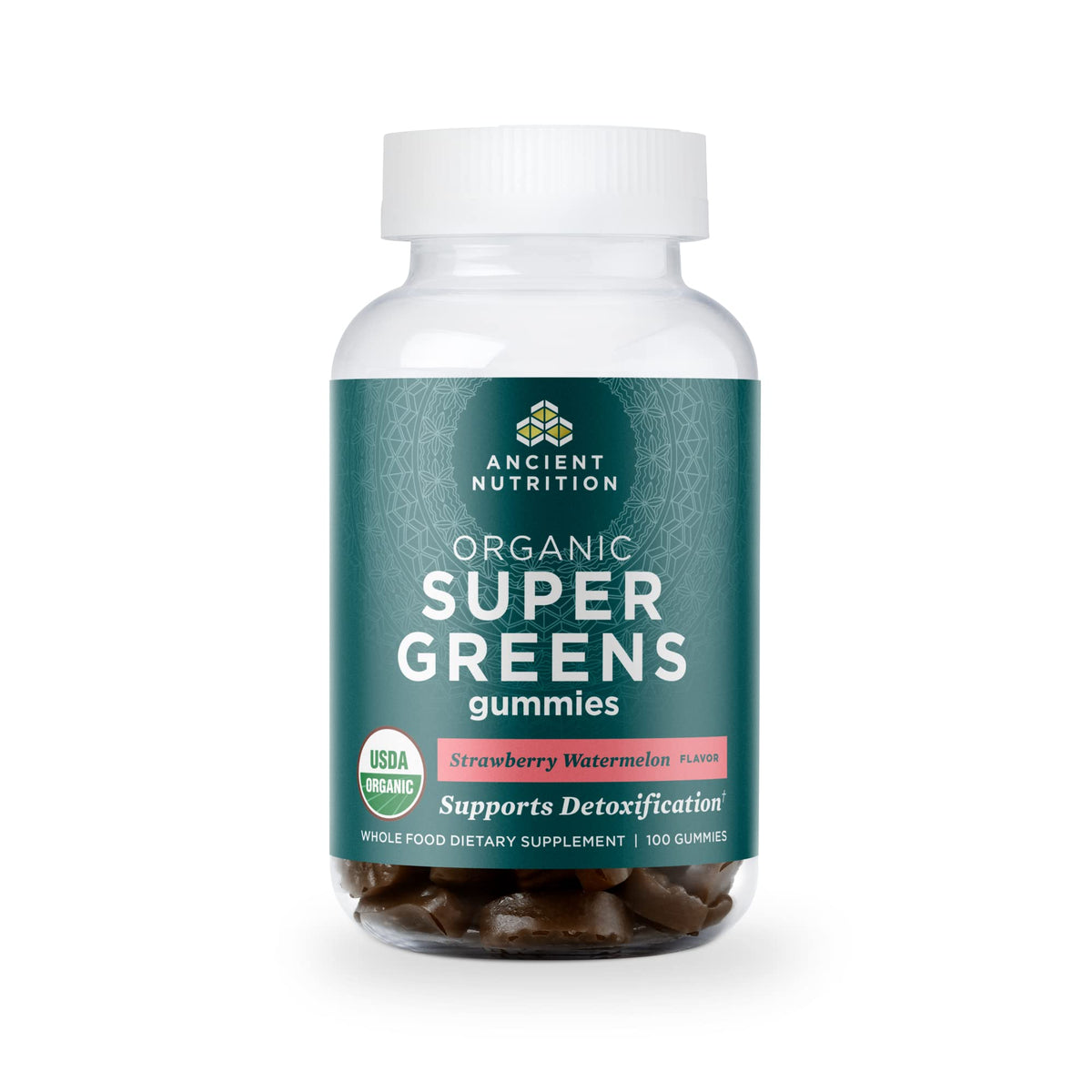 Ancient Nutrition Supergreens Gummies bottle front view for convenient daily greens