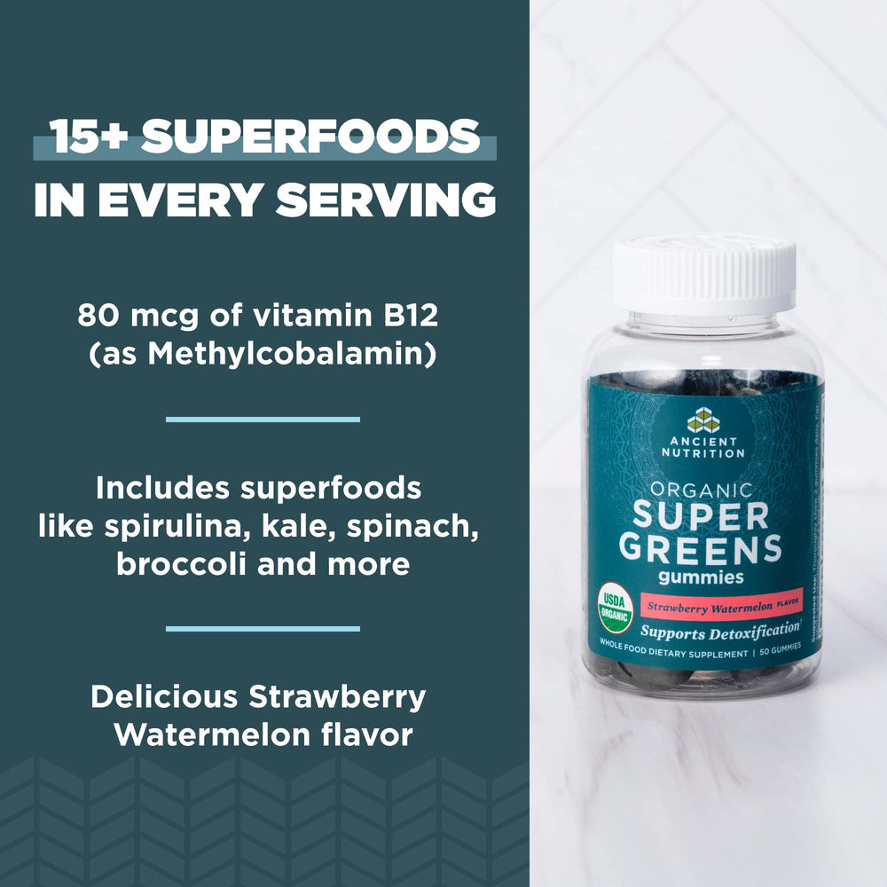 Ancient Nutrition Supergreens Gummies with spirulina and elderberry for a vibrant blend
