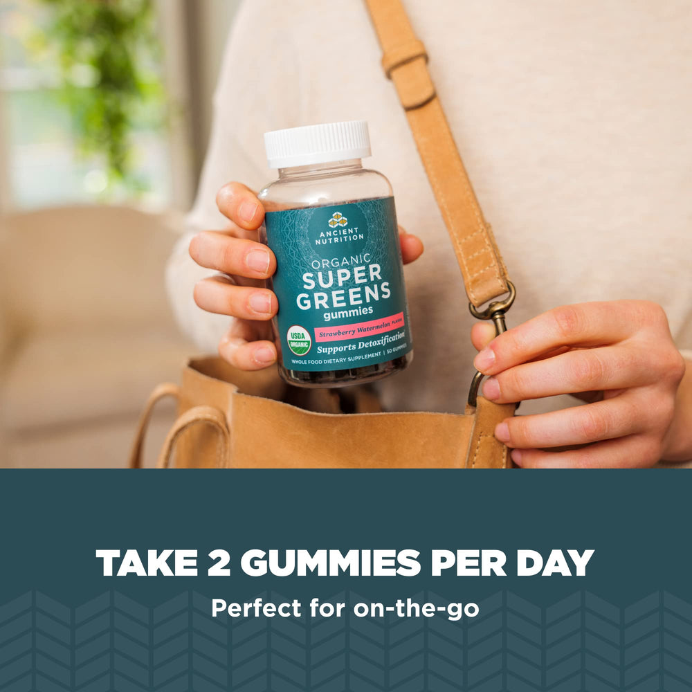 Ancient Nutrition Supergreens Gummies on-the-go packaging for easy daily use