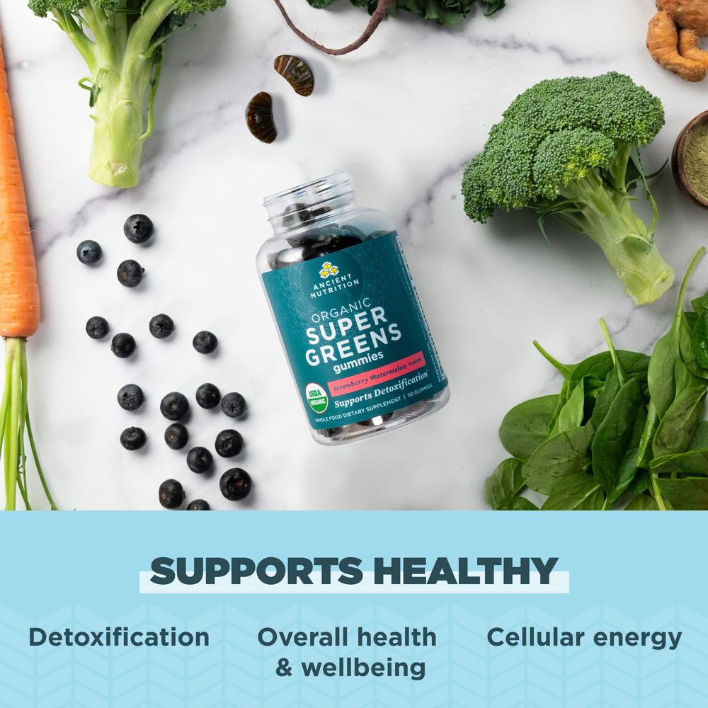 Ancient Nutrition Supergreens Gummies organic superfood blend with real fruits and veggies