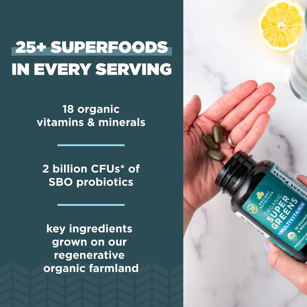 Ancient Nutrition Supergreens ingredient blend in natural bowls.