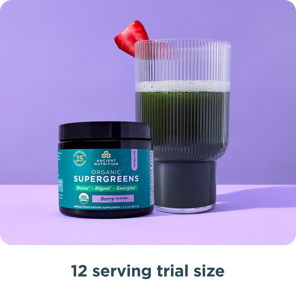 Ancient Nutrition SuperGreens ingredients bundle highlighting fruits, greens, and probiotics.