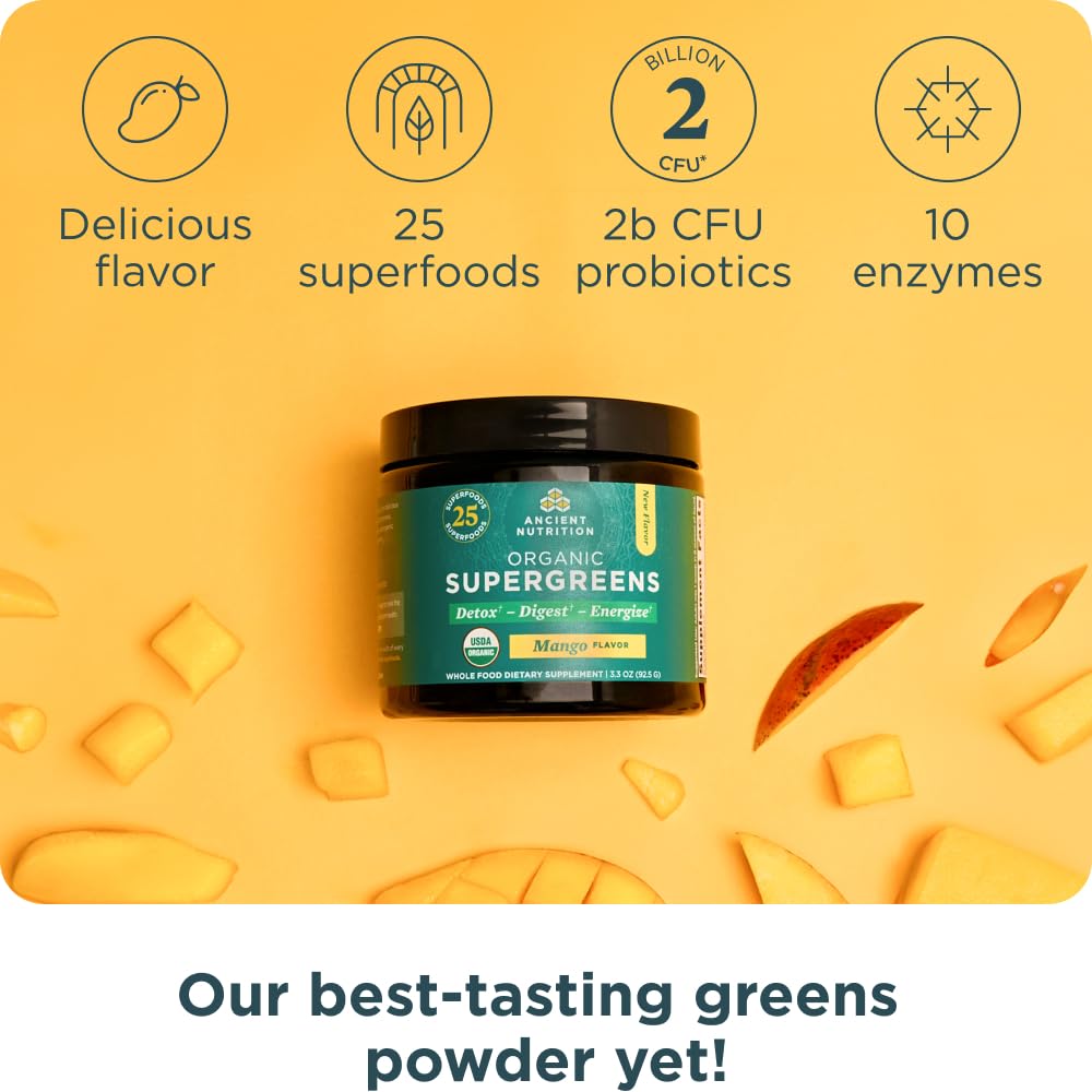 Ancient Nutrition SuperGreens mango ingredients collage highlights fruits, vegetables, and herbs.