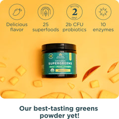 Ancient Nutrition SuperGreens mango ingredients collage highlights fruits, vegetables, and herbs.