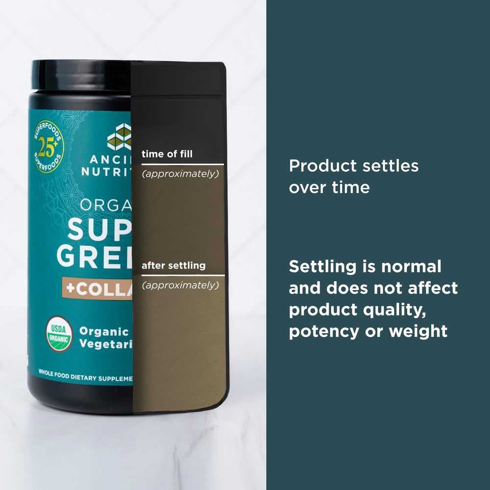 Ancient Nutrition Supergreens ingredients panel shows 25+ superfoods and probiotics