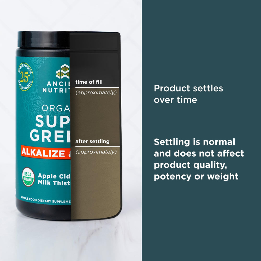 Ancient Nutrition Supergreens shaker with powder suggesting convenient smoothie prep