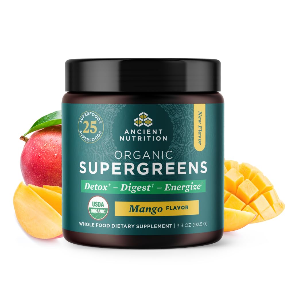 Ancient Nutrition SuperGreens mango bottle front view for daily greens and probiotic support.