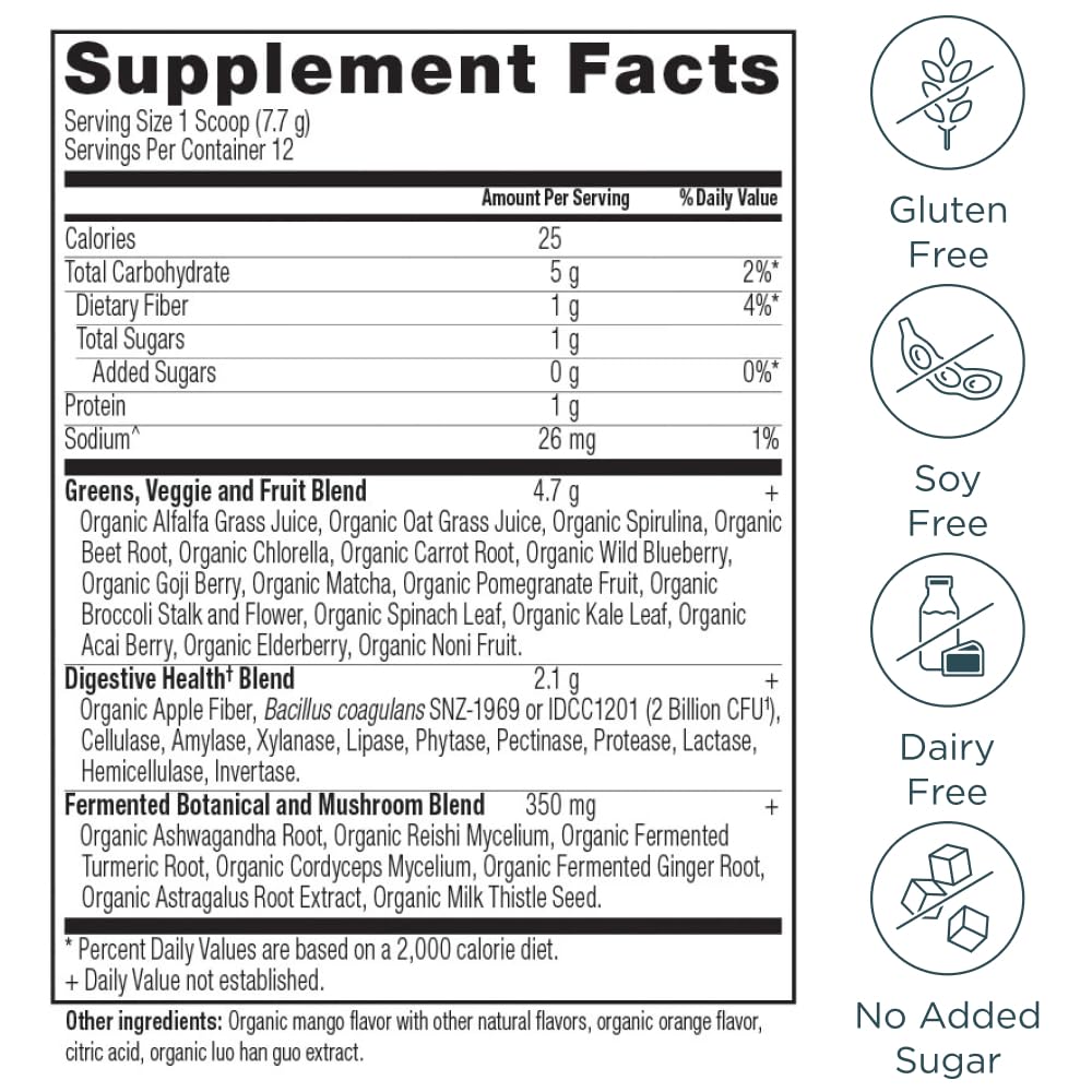 Ancient Nutrition SuperGreens mango pour demonstrates quick mix for on-the-go energy.