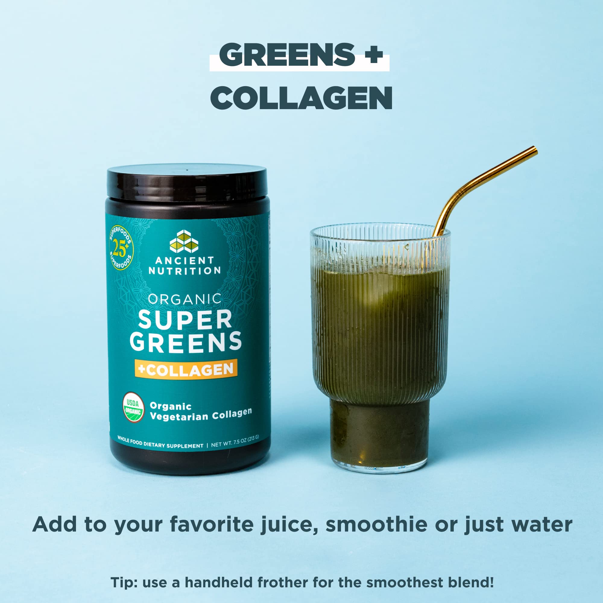 Ancient Nutrition Supergreens mixed in glass with fruit for convenient nutrition