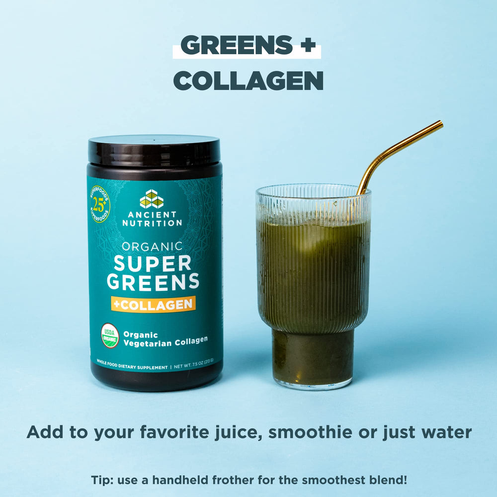 Ancient Nutrition Supergreens mixed in glass with fruit for convenient nutrition
