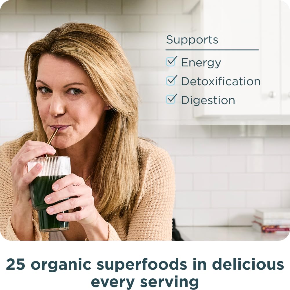 Ancient Nutrition SuperGreens packaging indicates USDA Organic certification and quality assurance.