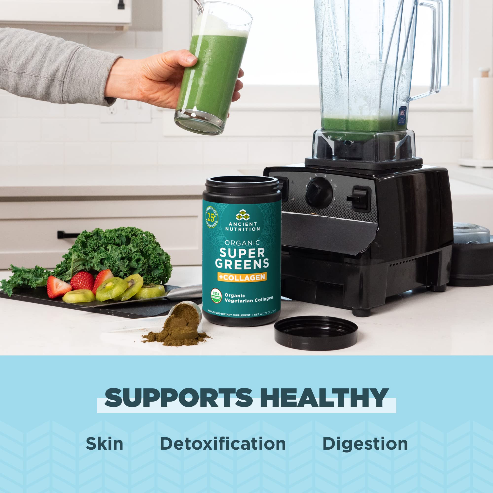 Ancient Nutrition Supergreens pouring into a glass for a quick greens boost