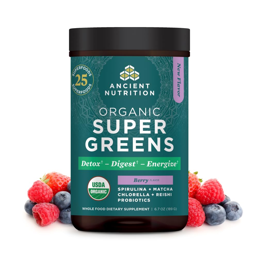 Ancient Nutrition SuperGreens bottle front showcasing a vibrant greens blend for daily wellness.